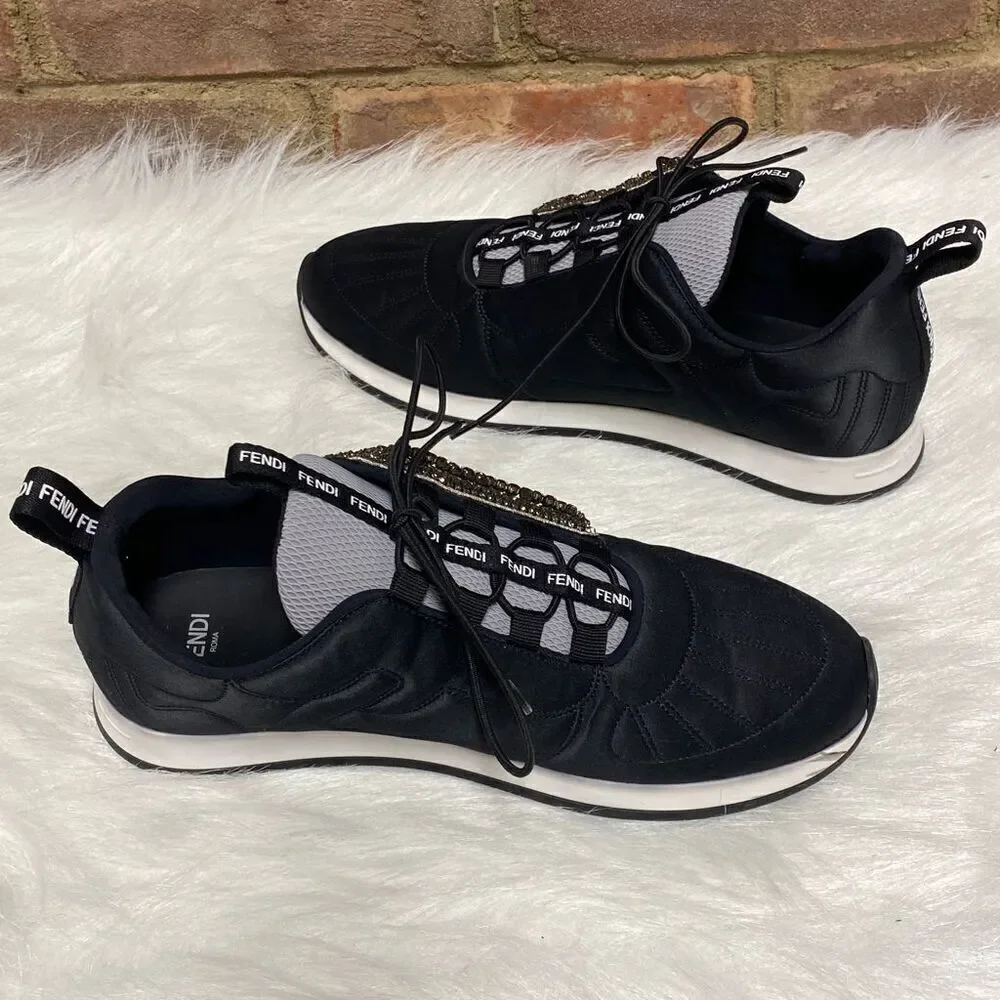 Fendi Embellished Black Satin Sneakers Size 37.5 - Picture 6 of 10